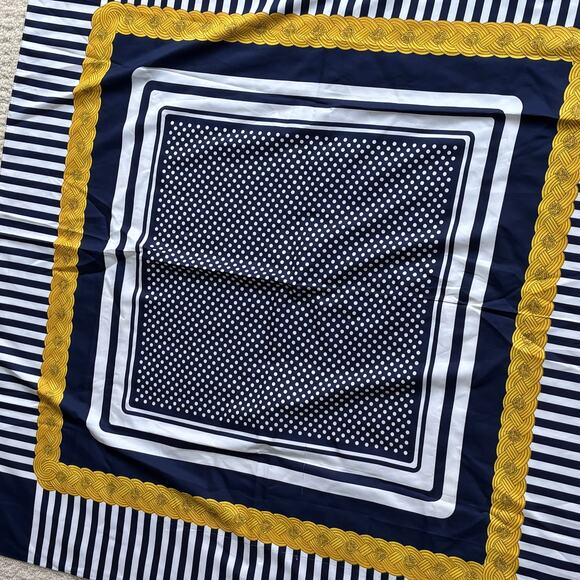 Vintage JG Hook square scarf silky navy gold white made in Italy with FLAWS - Picture 2 of 10